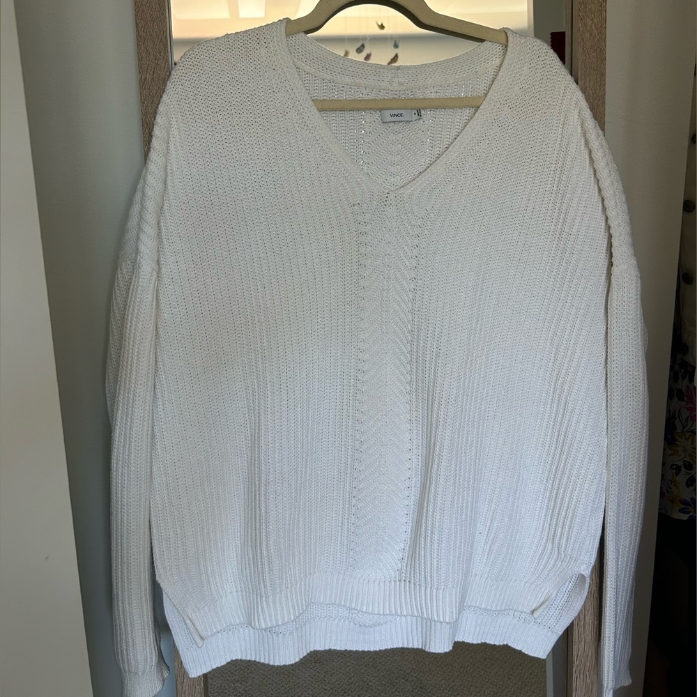Vince White Cotton V-Neck Sweater Size Medium